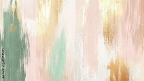 A natural wood-textured canvas with abstract brushstrokes in muted pastel colors of pink, green, and gold, blending imperfect artistic elements with a serene, rustic feel. photo