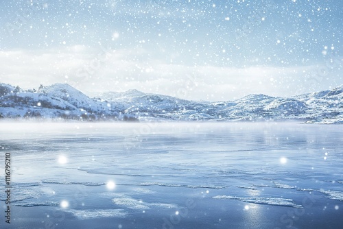 Snow falling on a frozen lake and snowy mountains