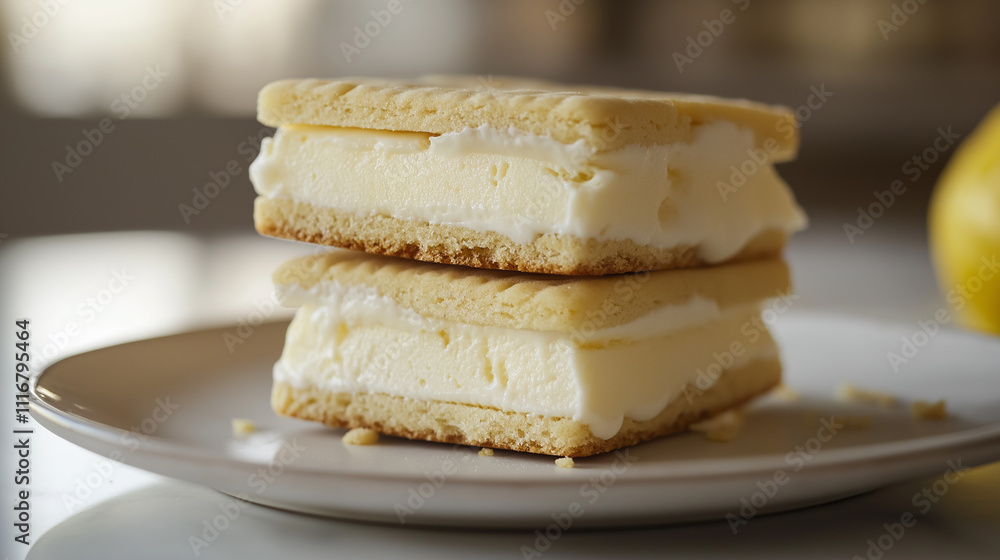 Ice cream sandwich with lemon sorbet and buttery shortbread cookies, arranged on a plain white plate, soft natural lighting Ice cream sandwich with lemon sorbet and buttery shortbread cookies, arranged on a plain white plate, soft natural lighting