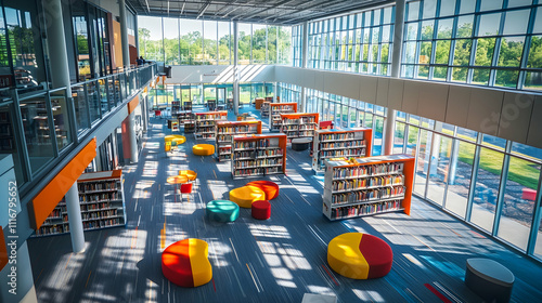 An aerial view of a spacious library with modern architecture and rows of colorful bookshelves, offering a serene reading environmenthigh quality image