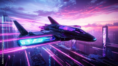 A cyberpunk-style metropolis seen from above, glowing with vivid holographic billboards, flying cars weaving through skyscrapers under a moody sky photo