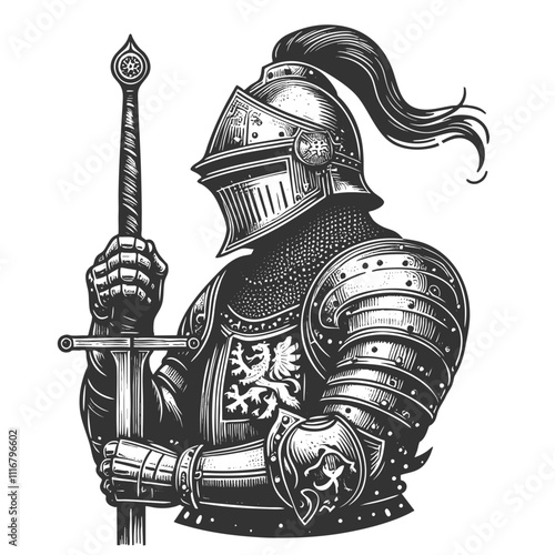 medieval knight in full plate armor, classic armor design with lion emblems sketch engraving generative ai fictional character vector illustration. Scratch board imitation. Black and white image.