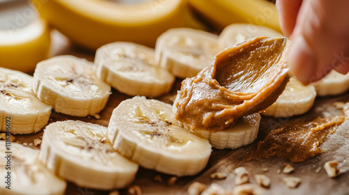 Close shot of walnut butter being spread on banana slices, showcasing a delicious way to enjoy nut butter and fruithigh quality image photo