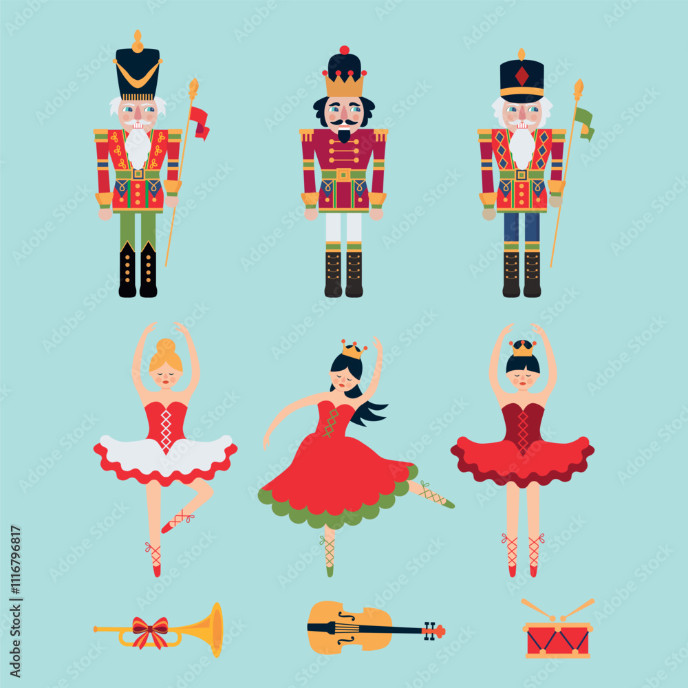 Fototapeta premium Christmas set of nutcrackers, ballerinas and violins on blue. 