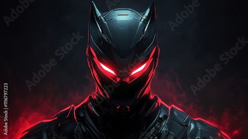 A man with a black mask on his face with red eyes and a red nose