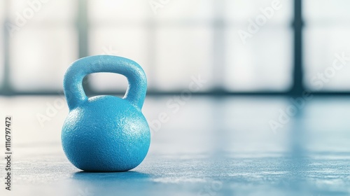 A sleek blue kettlebell shines in a stateoftheart gym, illuminated by soft ambient lighting.