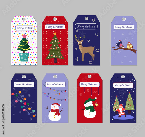 Set of tags for Christmas and New Year. Snowman and deer, Santa and decoration attributes, Christmas trees and birds. For packaging goods, purchases, congratulations and presentations. Vector