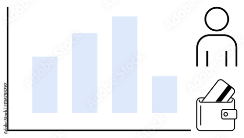 Bar chart in ascending and descending order, person outline, wallet with a credit card. Ideal for personal finance, investment strategy, economic growth, budgeting, market analysis, financial