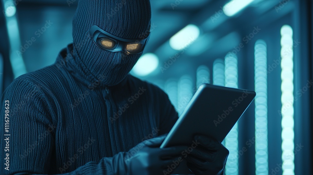 A masked figure in a dark setting uses a tablet, illuminated by blue lights, suggesting a high-tech, clandestine atmosphere.
