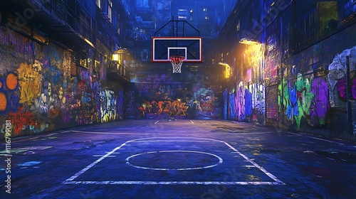 A vibrant urban basketball court adorned with colorful graffiti under a night sky.