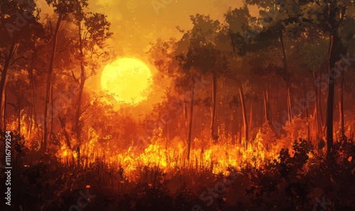Fire burning in a forest under a setting sun, showing that wildfires are becoming more frequent due to global warming.