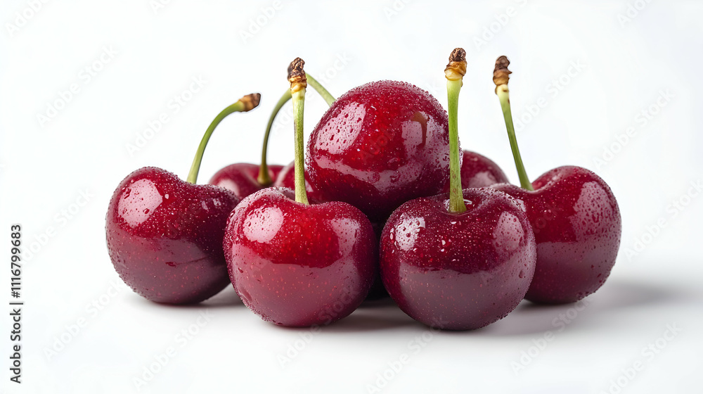 Red Cherries with Water Droplets on a White Background Photo Red Cherries with Water Droplets on a White Background Photo