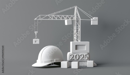 Happy New Year 2025 Construction and Industry. White Helmet and a numbered concrete cube on the desk of an engineer or construction worker. building with Cranes construction concept.