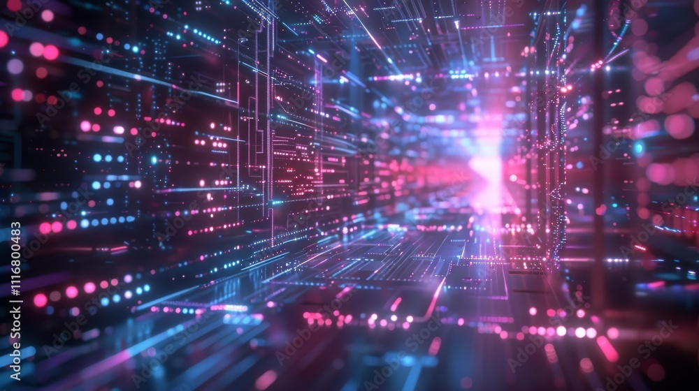 Fototapeta premium Quantum Computing Interface: Futuristic quantum computing devices interacting with classical data center infrastructure, accelerating complex calculations
