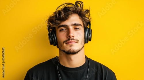 Fashion photography trendy young man with headphones in a colorful urban landscape photo