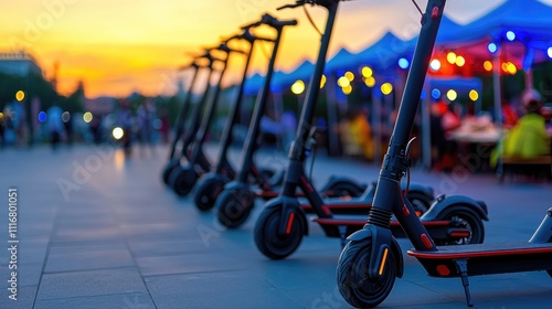 Electric scooter rental service at sunset in urban park vibrant night market atmosphere dynamic cityscape view