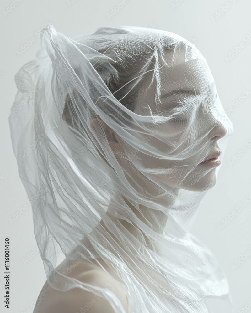 Ethereal woman with sheer fabric draped over her head, creating a mystical and introspective atmosphere, delicate features enhancing the mood of tranquility. Ethereal woman with sheer fabric draped over her head, creating a mystical and introspective atmosphere, delicate features enhancing the mood of tranquility.
