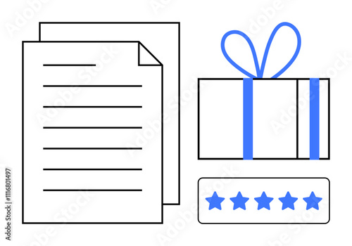 Documents beside a gift box with a five-star review badge. Ideal for customer feedback, satisfaction surveys, loyalty programs, reward systems, business communication, online reviews, holiday