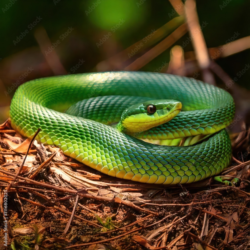 Fototapeta premium green snake warming in the sun on the forest ground .