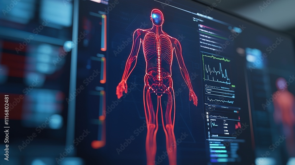 A digital representation of a human body highlighting vascular structures, showcasing advanced medical visualization technology. A digital representation of a human body highlighting vascular structures, showcasing advanced medical visualization technology.