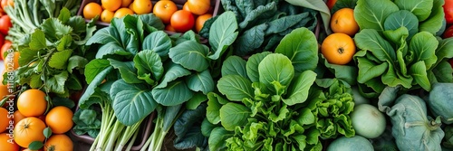 Freshly harvested citrus fruits and leafy greens displayed on a rustic wooden board, local produce, foraged ingredients photo