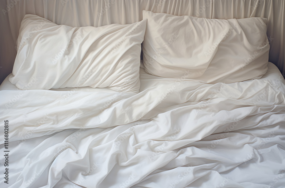 A bedroom with a white bed covered, generative ai A bedroom with a white bed covered, generative ai