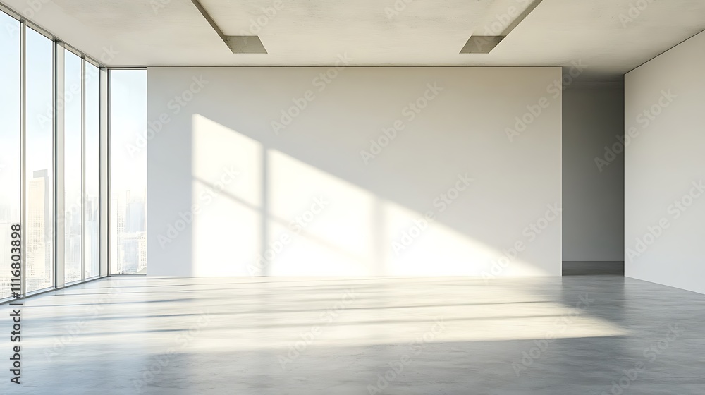 Fototapeta premium A minimalist interior space with large windows and natural light.