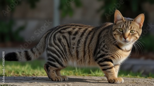 Majestic tabby cat outdoors, standing alert.