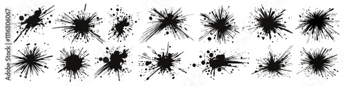 Black ink blots with drops vector illustration. Set of paint and ink splatters and stains. Various hand-drawn spray design elements, including splashes of paint with drops