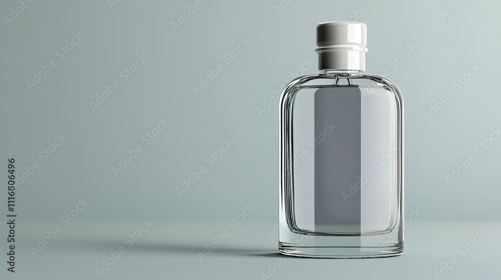 A sleek, clear glass perfume bottle with a silver cap, set against a minimalist light background. A sleek, clear glass perfume bottle with a silver cap, set against a minimalist light background.