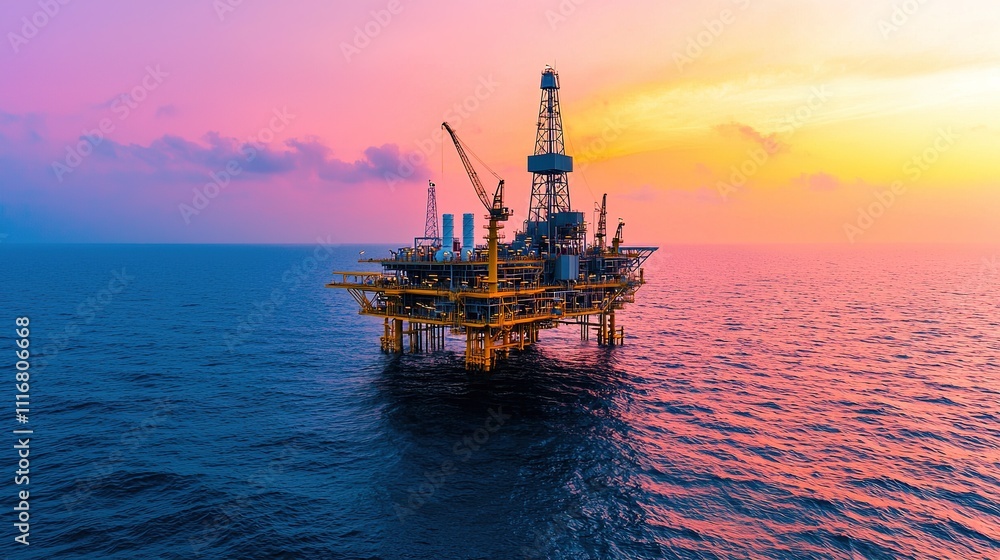 A vibrant offshore oil platform stands against a colorful sunset, surrounded by calm waters, showcasing the intersection of industry and nature. A vibrant offshore oil platform stands against a colorful sunset, surrounded by calm waters, showcasing the intersection of industry and nature.