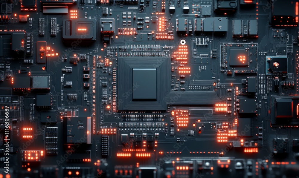 Isolated, top-down view of hypermodern AI computer processor chip. Close-up macro shot, clear visual. Isolated, top-down view of hypermodern AI computer processor chip. Close-up macro shot, clear visual.