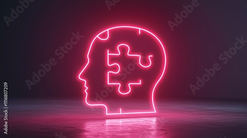 Abstract puzzle piece fitting snugly into a human head shape, glowing pink background, dynamic and thought-provoking concept photo