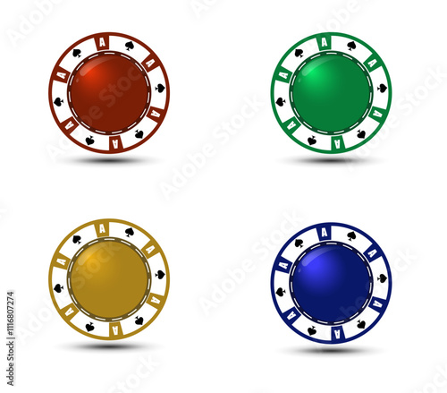 Casino chip. Spade chip blue, red, yellow, green. Sport, game, weekend, fortune. Spade coin chip blue. Sport, game.