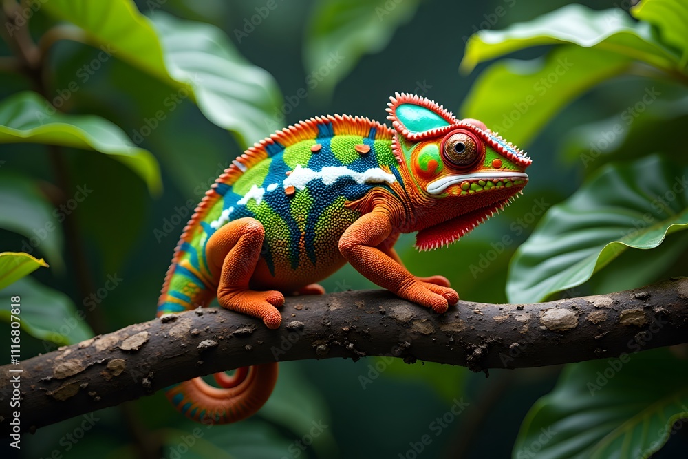 Fototapeta premium Vibrant panther chameleon on tree branch amidst lush greenery