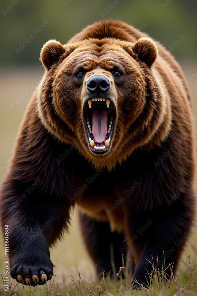 Majestic brown bear roaring in natural habitat with intensity and power Majestic brown bear roaring in natural habitat with intensity and power