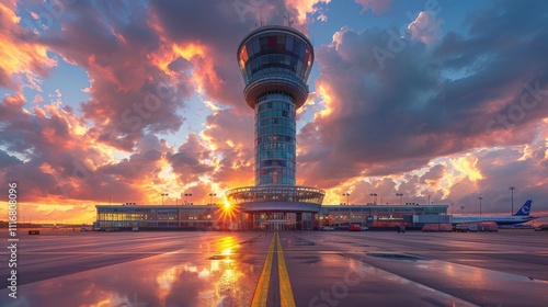 vliegverkeerstoren Columbus hagelwitte luchtverkeersleidingstoren luchthaven, TAGS: High-end photographic, clean composition, HD, luxurious, elegant, luxury, sunny day, colour, bright light, 32k uhd,  photo