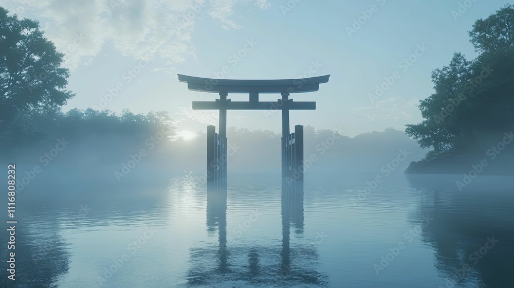 Serene gate, misty water, tranquil dawn. Serene gate, misty water, tranquil dawn.