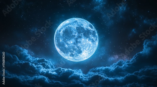 A large blue moon is in the sky above a cloudy night