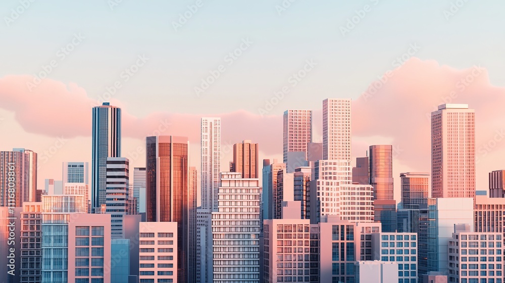 Obraz premium A vibrant city skyline at sunset, showcasing modern skyscrapers with reflective glass and a pastel sky.