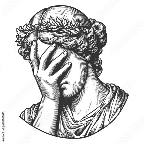 classical statue with a facepalm expression, frustration or disappointment in detailed line art sketch engraving generative ai vector illustration. Scratch board imitation. Black and white image.