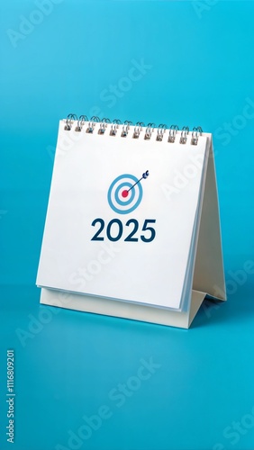 Happy new year 2025 background. 2025 year numbers with target icon on blue small desk calendar cover standing isolated on blue background, minimal style. Business trend, goals and success concept.