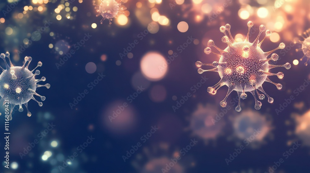Obraz premium Virus-like structures floating against a dark gradient background with soft light reflections and glowing dots.