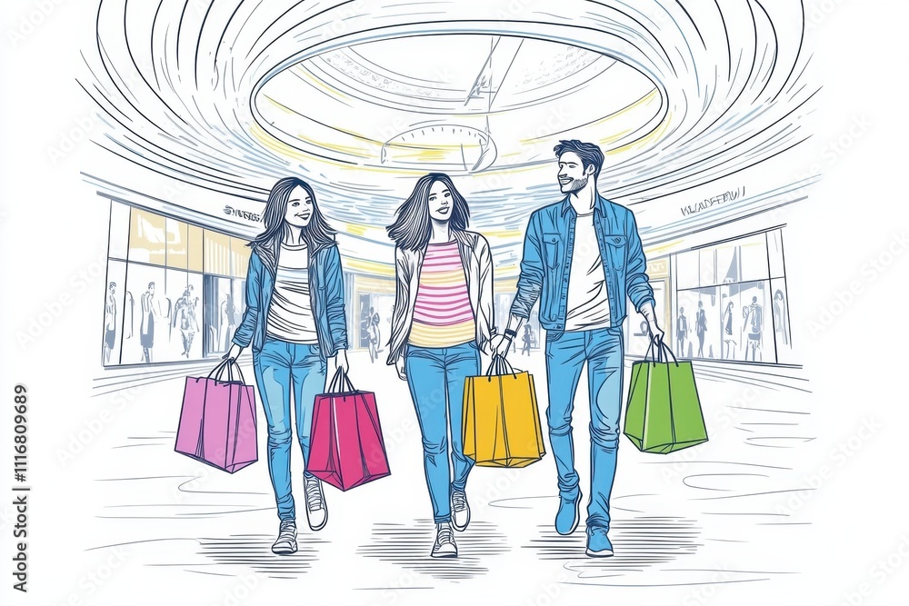 A line drawing illustration of young people shopping in the mall, holding bags and carrying on a white background Generative AI A line drawing illustration of young people shopping in the mall, holding bags and carrying on a white background Generative AI