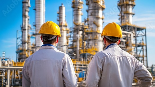 Two workers in yellow helmets stand in front of the building of a large industrial enterprise