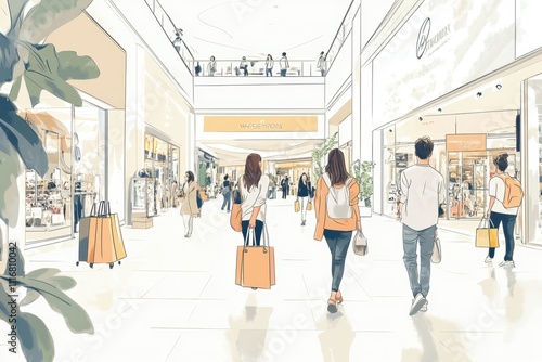 hand drawn illustration of young adults shopping in mall, white background, simple lines, vector style, minimalistic, muted colors, white background Generative AI