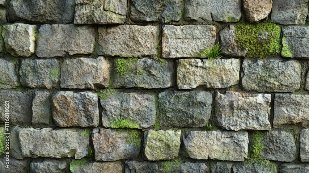Fototapeta premium Stone brick wall with visible mortar and moss, realistic texture