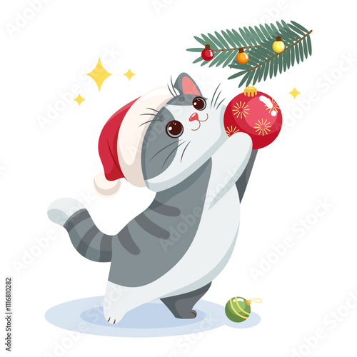 Vector illustration of a cute cartoon grey cat in a Santa hat decorating Christmas tree with a red Christmas tree ball 
