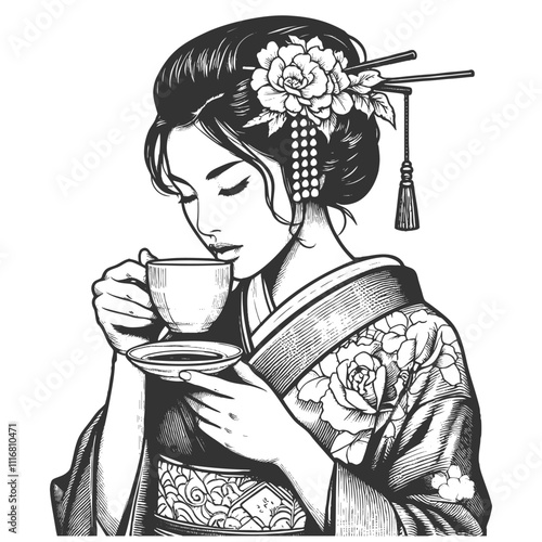 geisha in a floral-patterned kimono, holding a tea cup with grace and serenity sketch engraving generative ai fictional character vector illustration. Scratch board imitation. Black and white image.