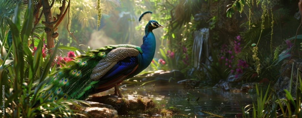 Obraz premium Portrait of beautiful peacock with feathers out